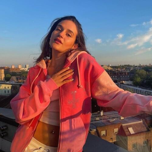 Rhinestone 2021 Summer Cross Zip Up Oversized Hoodie Anime Aesthetic Grunge Streetwear Women Cyber Y2k Sweatshirts Hoodies