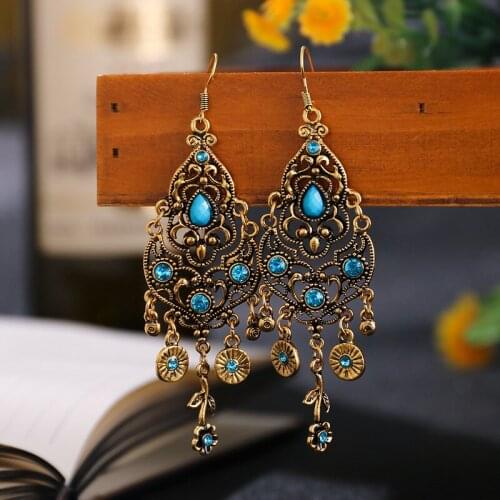 Vintage Ethnic Long Drop Earrings Bohemian Gold Color Multilayer Hollow Rhinestone Flower Geometric Dangle Earrings for Women