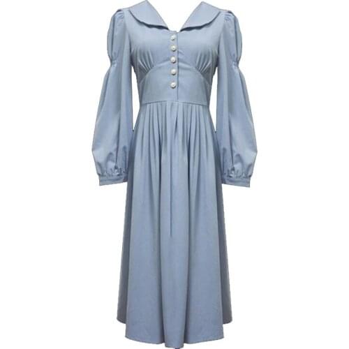 PERHAPS U Vintage Dress Light Blue Button Long Sleeve Midi Dress Chiffon Autumn Puff Sleeve Mid-Calf D2054