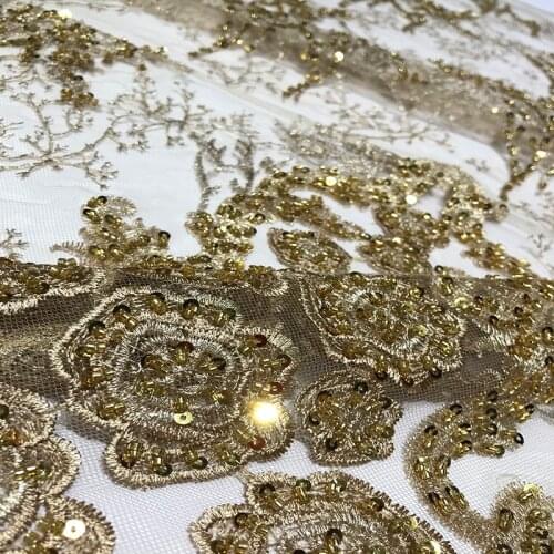 Champagne Luxury Indian George Embroidered Floral Beaded Lace Tulle Fabric Transparent Mesh for Nigerian Wedding Dress Wholesale