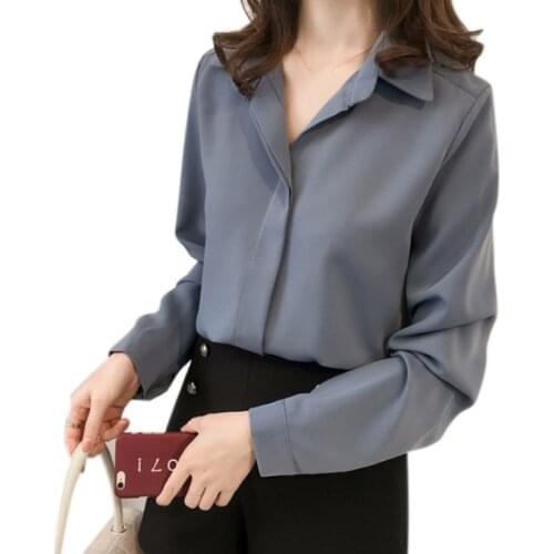 Hot 2019 Autumn Office Lady Shirts Women Chiffon Solid Long Sleeve V Neck Blouse Work Wear