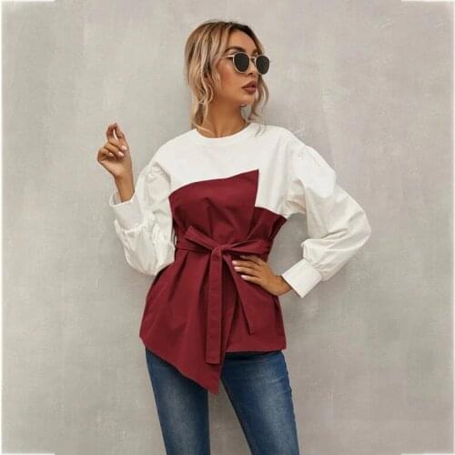 Summer T-Shirts Women 2021 Round Neck Patchwork Loose Style Lantern Sleeve With Belt Pullover Autumn Chic Female Blouse C2866