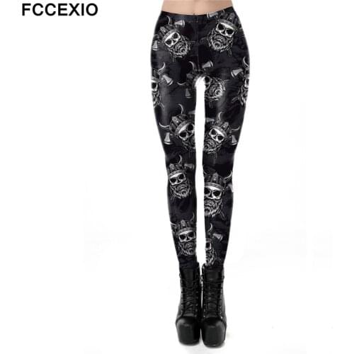 FCCEXIO Demon Head Print Womens Pants Push Up Running Sports Leggings Slim Pants Female Casual Trousers Fitness Leggings