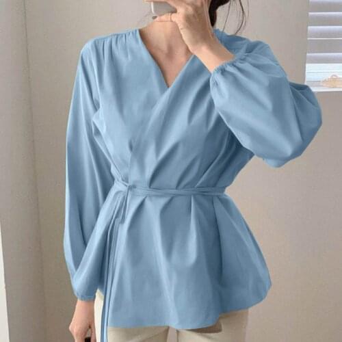 Women Tops Vintage Lantern Sleeve Shirts Belte Tunic Casual Loose Elegant OL Blouses Ruffle Hem V-neck Long Sleeve harajuku coat