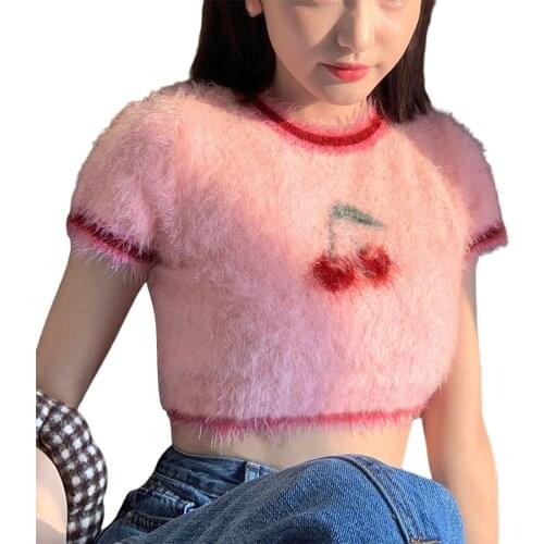 Women Cherry Print Short Sleeve Fuzzy Knitted Pullover Sweater Crop Tops T-shirt Tees