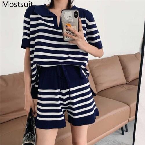 Striped Knitted Two Piece Set Women Summer Short Sleeve Pullover + Elastic Waist Shorts Tracksuits Korean Casual Fashion Set