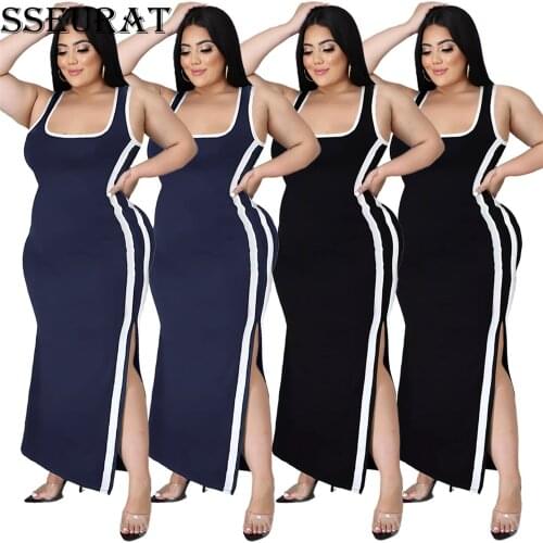 SSEURAT Women Long Dress Solid Sleeveless O-neck Stretchy Side High Splited Maxi Dresses Casual Vintage Vestidos