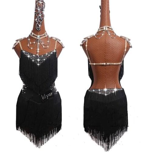 Red Black Color Fringe Dress Glitter Rhinestones Latin Dance Dresses For Ladies Fashion Women Ballroom Competitive Stage Costume