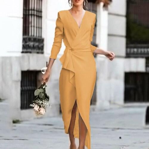 2021 Fall Sexy Dress V-neck Empire Belt Tunic Top Womens Mid-length Dress Fashion Geometric Irregular Office Ladies Dress New