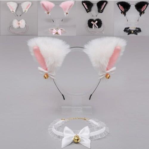 1Set Cat Maid Lolita Ears Hairband Small Bell Lace Choker Set Plush Costume Accessories Animal Headbands Bowknot Party Cosplay