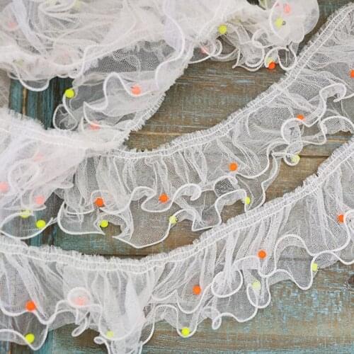 2Meters Lolita Dress Collar Cuff Skirt Decoration White Pleated Mesh Beaded Edging Ruffle Lace Fabric DIY Clothing Accessories
