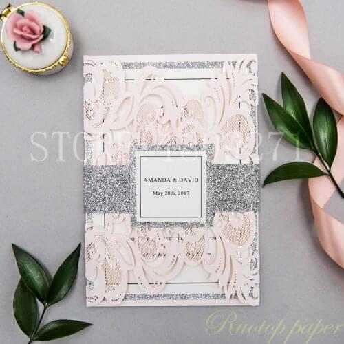 50pcs laser cut wedding invitations Pocket inviti matrimonio Shimmer Laser Cut Greeting Card invitation mariage with envelope
