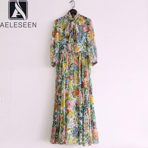 AELESEEN Bohemian Summer Women Dress 2021 Runway Fashion 3/4 Lantern Sleeve Floral Print Bow Maxi Long Party Holiday Dress