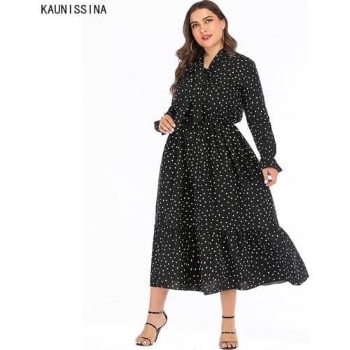 Women Plus Size Dress Black Polka Dot Printed Bow Tie Long Sleeve Dresses Bohemian Mid-Calf A-Line Beach Dress XL-6XL