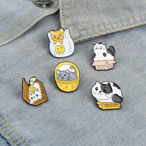 Fat Cat Box Basket Enamel Pins This Is Perfect Bag Brooch Lapel Badge Funny Animal Quote Jewelry Gift For Kids Friends Wholesale