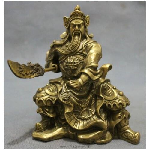 Folk Chinese Pure Brass Carved Dragon Head Warrior GuanGong GuanYu God Statue copper Decoration real Brass