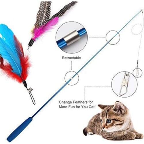 Interactive Cat Feather Toy Feather Teaser Stick Wand Pet Retractable Feather Bell Refill Replacement Catcher Product for Kitten