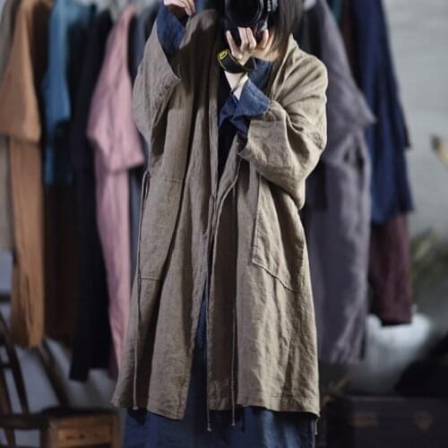 Johnature Linen Solid Color Retro Belt Cardigan Coats V-neck Pocket Trench 2021 Autumn New Simple Loose Women Windbreaker