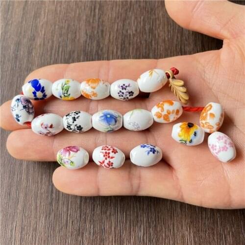 JunKang 15pcs 14mm ceramic craft mixed batch olive-shaped flower pattern amulet spacer beads for DIY bracelet necklace discovery
