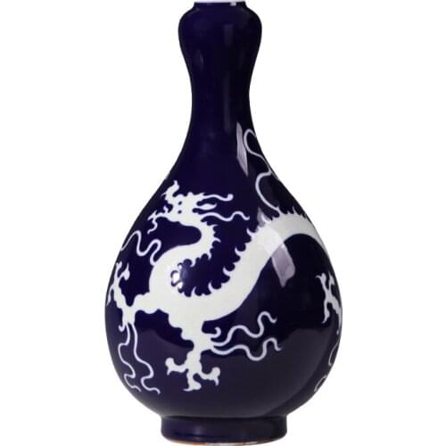 Jingdezhen Ceramic Vase Blue Glaze Carving White Dragon Pattern Vase Household Living Room Decoration Chinese Ancient Ornaments