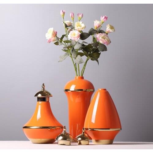 European Luxury Texture Decoration Ceramic Pot With Cover Home Living Room Ceramic Orange Vaas Flower Bath Home Decoration