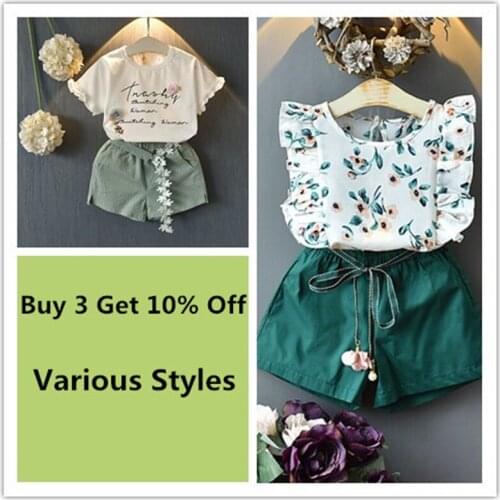 2 Pcs Clothing Set Children Girl Summer Outfit Floral Tee +Bowknot Shorts Outwear For 2-7 Year Baby Girl Soft T Shirt Pants Suit