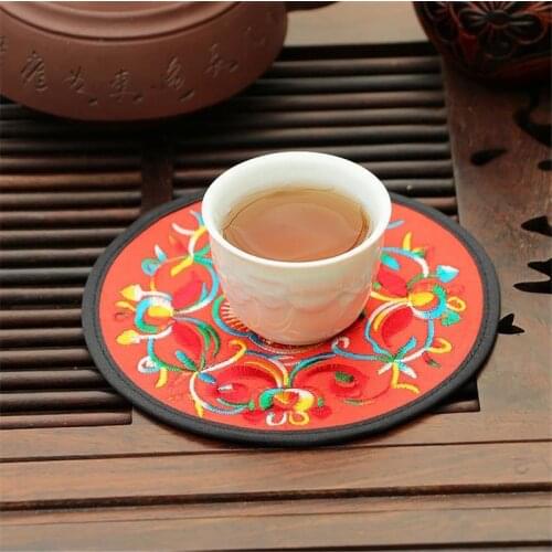 Round Heat Resistant Cloth Mat Ethnic Embroidery Art Drink Cup Coasters Non-slip Pot Holder Table Placemat Kitchen Accessories