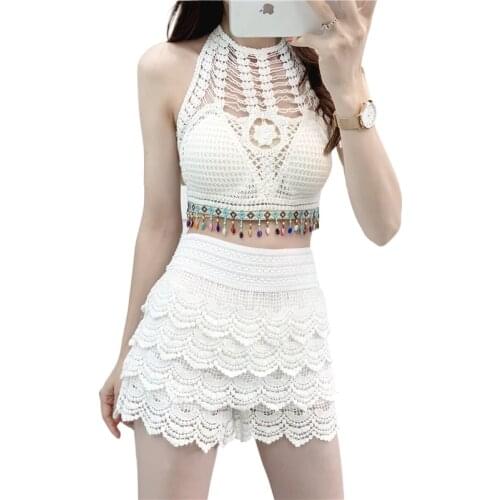 Hook flower hollow shorts sets women Summer Beach Style lace shorts women Beading crop tops sets