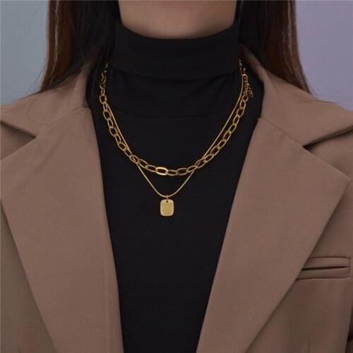 Fashion Jewelry Stainless Steel Square Card Letter Double layer Necklaces Pendants Chain Necklaces For Women Men Fantastic Gift