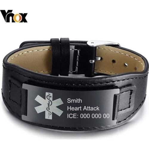 Vnox Free Engraving Name Disease ICE Info Medical Alert ID Real Leather Bracelets for Men 6.69"-8.66" Length Adjustable