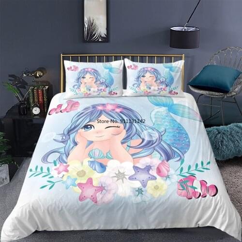 3D Mermaid Printed 2/3 Piece Soft Comfortable Down Bedcase Pillowcase Girls Bedroom Decorate EU/American /AU Size Bedding