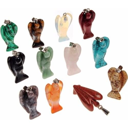 6 Piece Natural Chakra Healing Stones Pink Quartz Carved Pocket Crystal Guardian Angel Figurines Ornament Pendant Random Colors