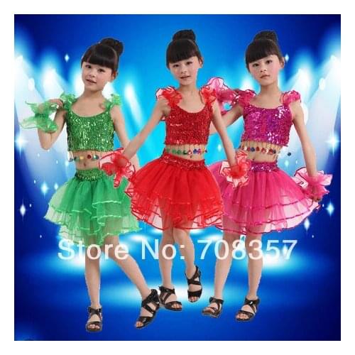 New Arrivals Sleeveless Ballroom Kids Dancing Dress with Tassel Sequin Top shirt and Tutu Skirt Stage Dance Wear Set for Girls