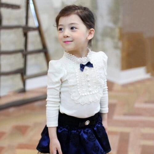 2021 Autumn Cotton T-shirt Girls Tops Long sleeve Fashion Shirts Baby Kids Clothes With Lace And Bowknot Children Girl Tees