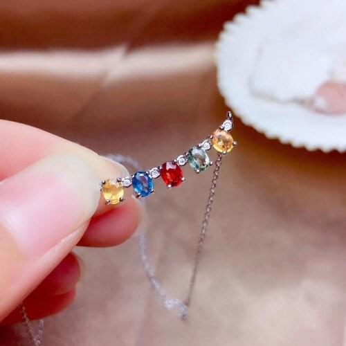 Natural color sapphire necklace. Rare gem high-end lady jewelry. 925 silver luxury design