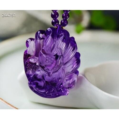 Genuine Natural Purple Amethyst Quartz 9 Tails Fox Pendant 42*34*23.2mm Women Men Amethyst Fox Necklace Jewelry AAAAA