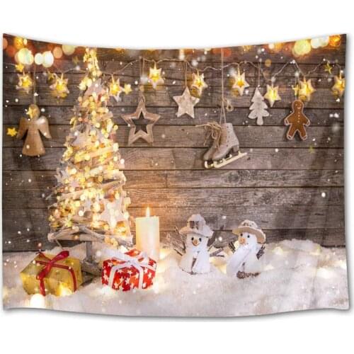 Christmas and Snowman with Wood Plank Background Wall Hanging Tapestry