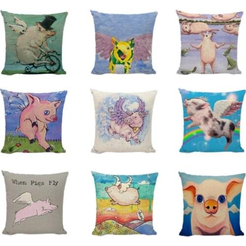 Pink Flying Pig Throw Pillow Cases Lovely Cartoon Pillowcase Print Home Decor Gaming Chair Linen Cotton Cute Gifts Cushion Cover
