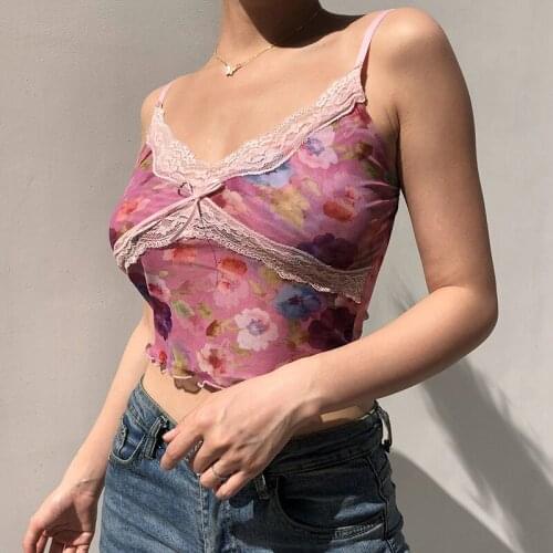S-L Personality Printing Camisole Summer Sexy Adjustable Spaghetti Straps Flounce V-neck Mesh Yarn Exposed Navel Crop Tops