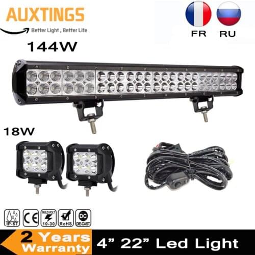 LED Light Bar 22" 144W Offroad LED Bar Combo Beam for 4x4 UAZ ATV Truck SUV 12V 24V LED Work Light +2PC 4"18W+Wiring Kit
