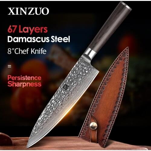 XINZUO 8" inch Chef Knife Damascus Steel Kitchen Chef Accessories Advanced Gyotou Knife Pakkawood Handle Gift Knives