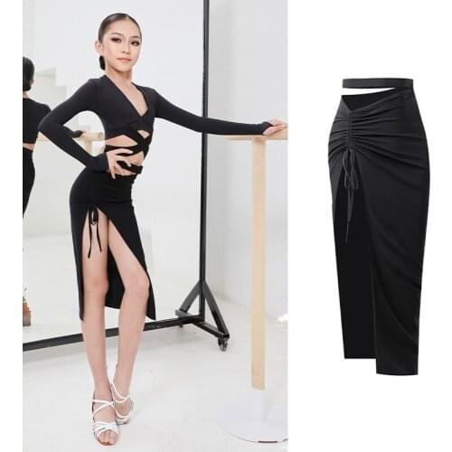 Sexy Slit Latin Dance Skirt For Girls Samba Rumba Dance Performance Costume Tango Skirt Kids Black Drawstring Skirt DNV15308