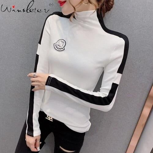 Spring Fall European Clothes Cotton T-Shirt Sexy Turtleneck Black White Patchwork Embroidery Women Tops Long Sleeve Tees T16219A