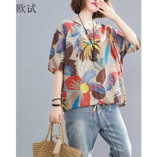 Oversized Cotton Linen T Shirt Summer Women Floral Print Tshirt Casual V Neck Tops T-Shirt Femme Vintage Tee Shirts 2021
