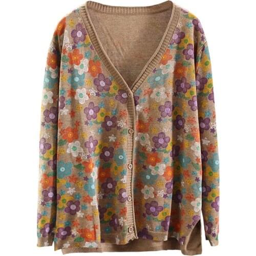 2019 New Fall Knitted Shirt Womens Long Sleeve Tang Printed Sweater Vintage Literary Fan Jacket Tide