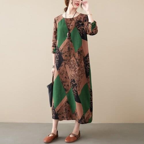 2021 New Arrival Print Floral Vintage Women Dress Long Sleeve Cotton Linen Loose Autumn Dress Women Casual Spring Midi Dress