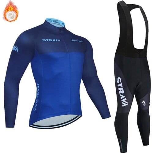 Winter 2019 STRAVA Long Sleeve Cycling Jersey Bike Bib trousers Men uniform riding clothes Thermal Fleece Bicycling clothing Set