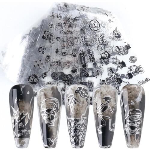 10 pcs Skull Pattern Black Nail Transfer Foil DIY Manicure Decoration Cool Personalized Nail Decals Nail Art Designs LA2102