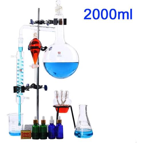 2000ml New Lab Essential Oil Distillation Apparatus Water Distiller Purifier Glassware Kits w/Condenser Pipe Full Sets
