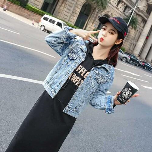 2020 Women Light Blue Pearl Beading Denim Jackets Korean Fashion Streetwear Pearl Jeans Coat Autumn Denim Outfit 4XL 5XL